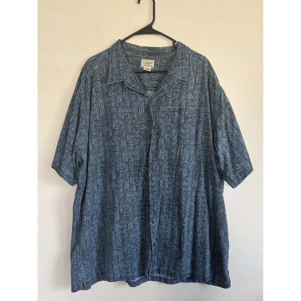 L.L.‎ Bean Men Geometric Tiki Short Sleeve Button Down Shirt Size 2XL TALL 2XLT